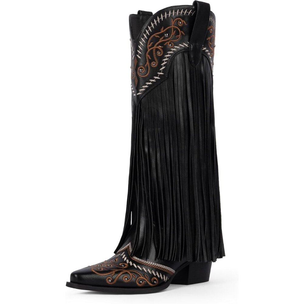Women's Black Fringe Knee High Boots Embroidered Cowgirl Western Pointed